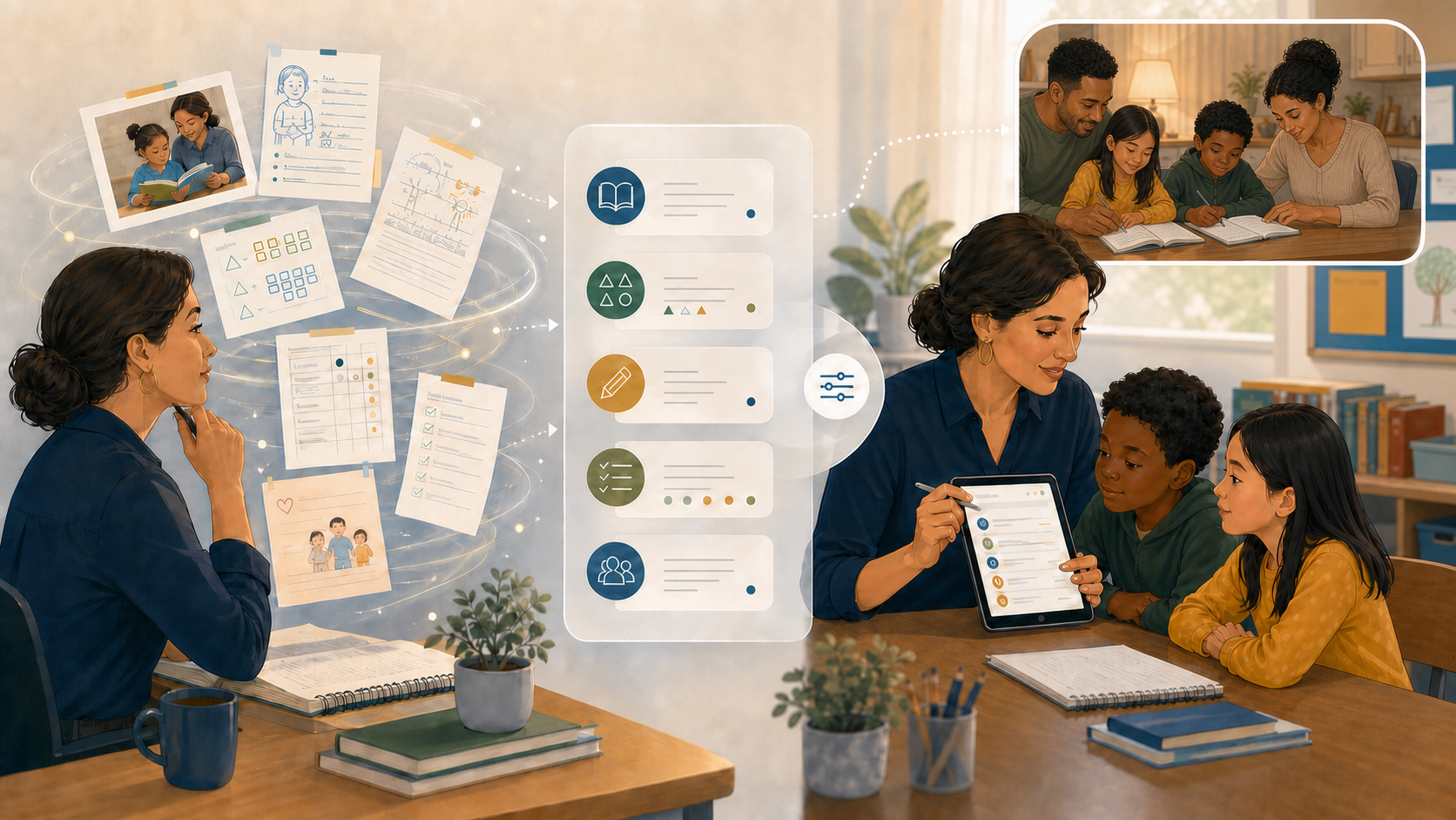 A K–8 teacher using a quiet digital organizing aid to review student work, with a separate home vignette showing two parents helping a girl and boy with homework