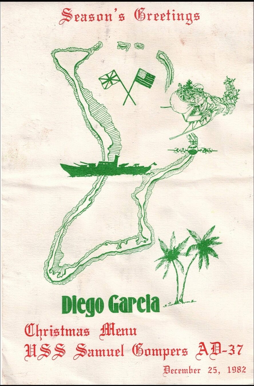 USS Samuel Gompers AD-37 Diego Garcia Christmas menu cover dated December 25, 1982