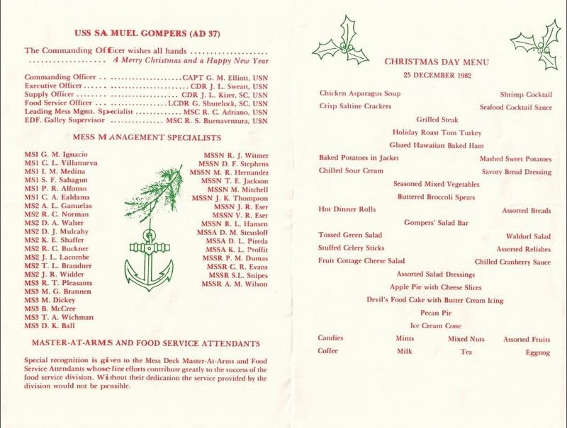 Open USS Samuel Gompers Christmas Day menu listing the crew and meal served December 25, 1982